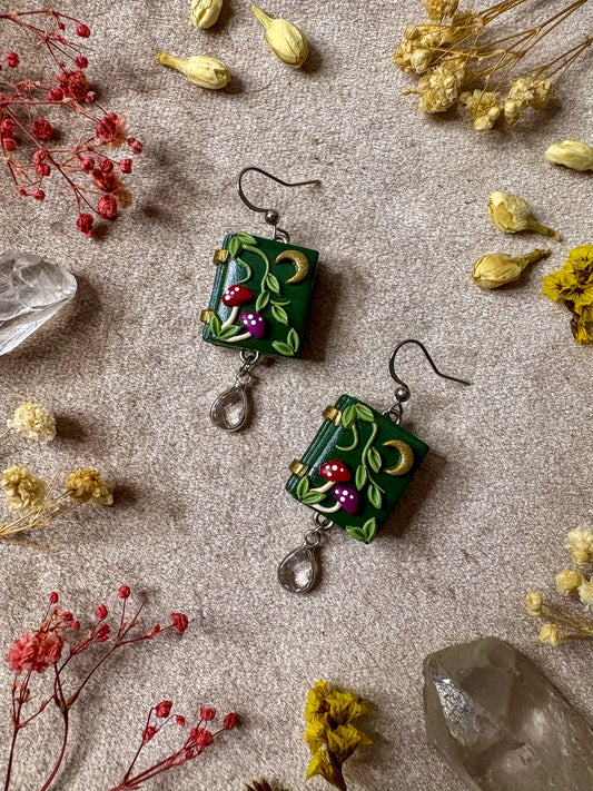 Green Mushroom Book Earrings