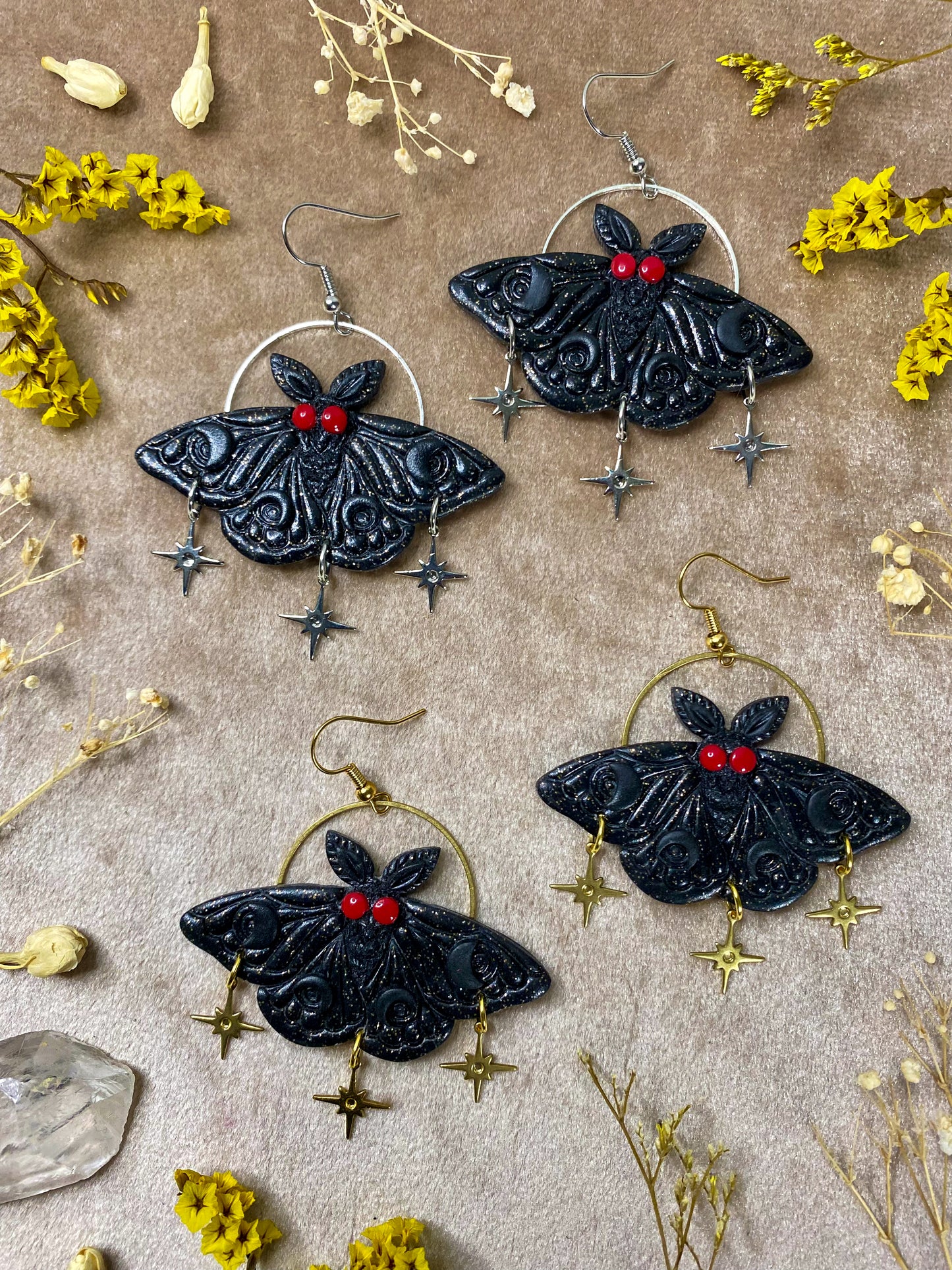 polymer clay and resin mothman moth dangle earrings