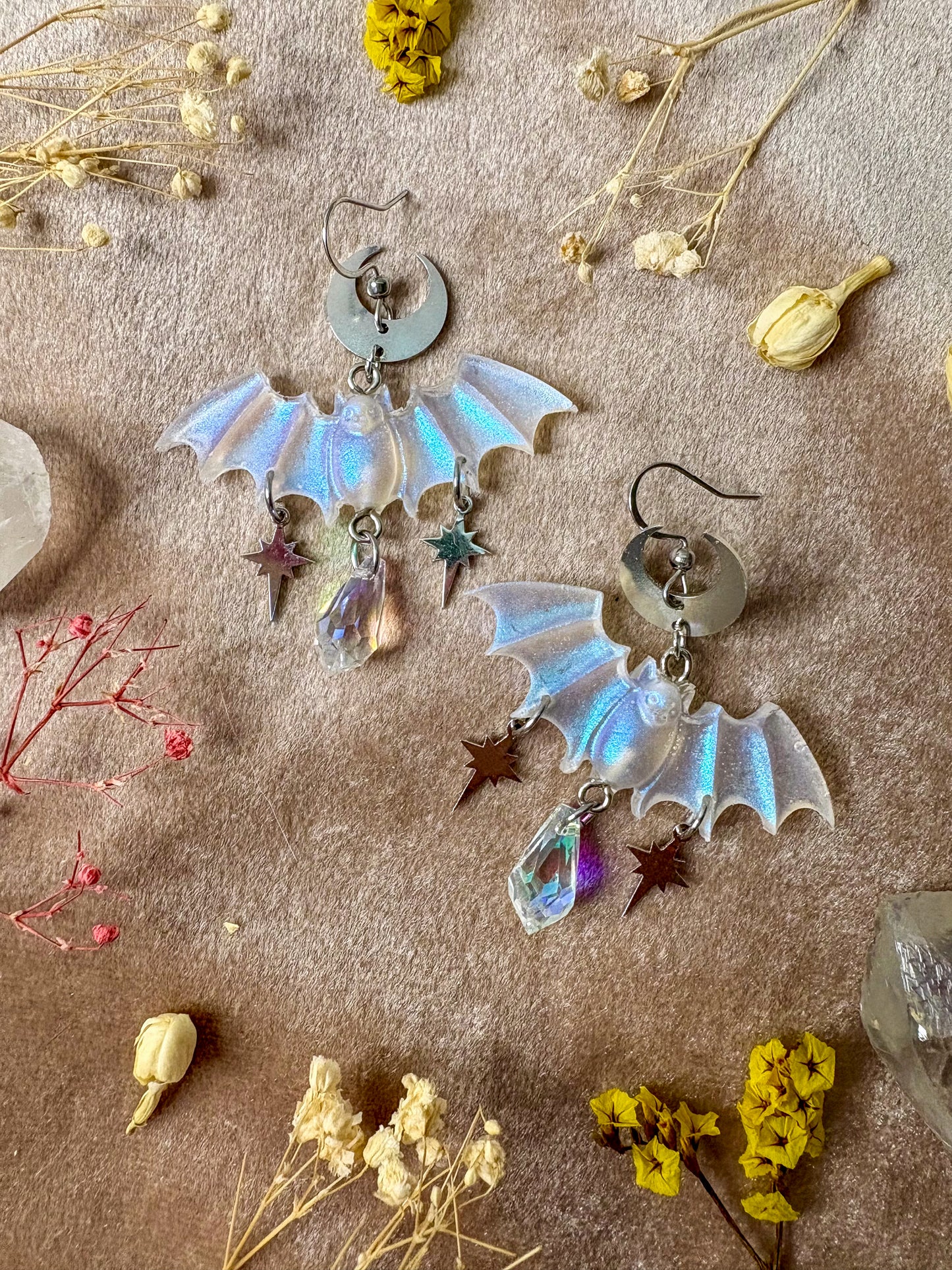Silver Iridescent Bat Earrings