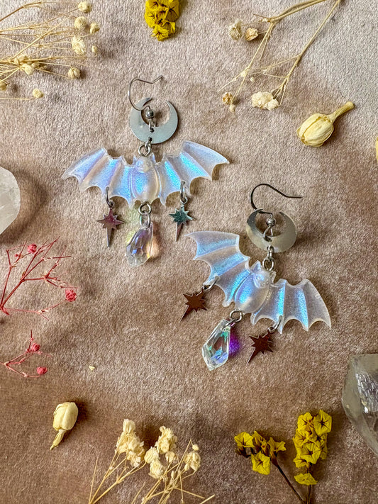 Silver Iridescent Bat Earrings