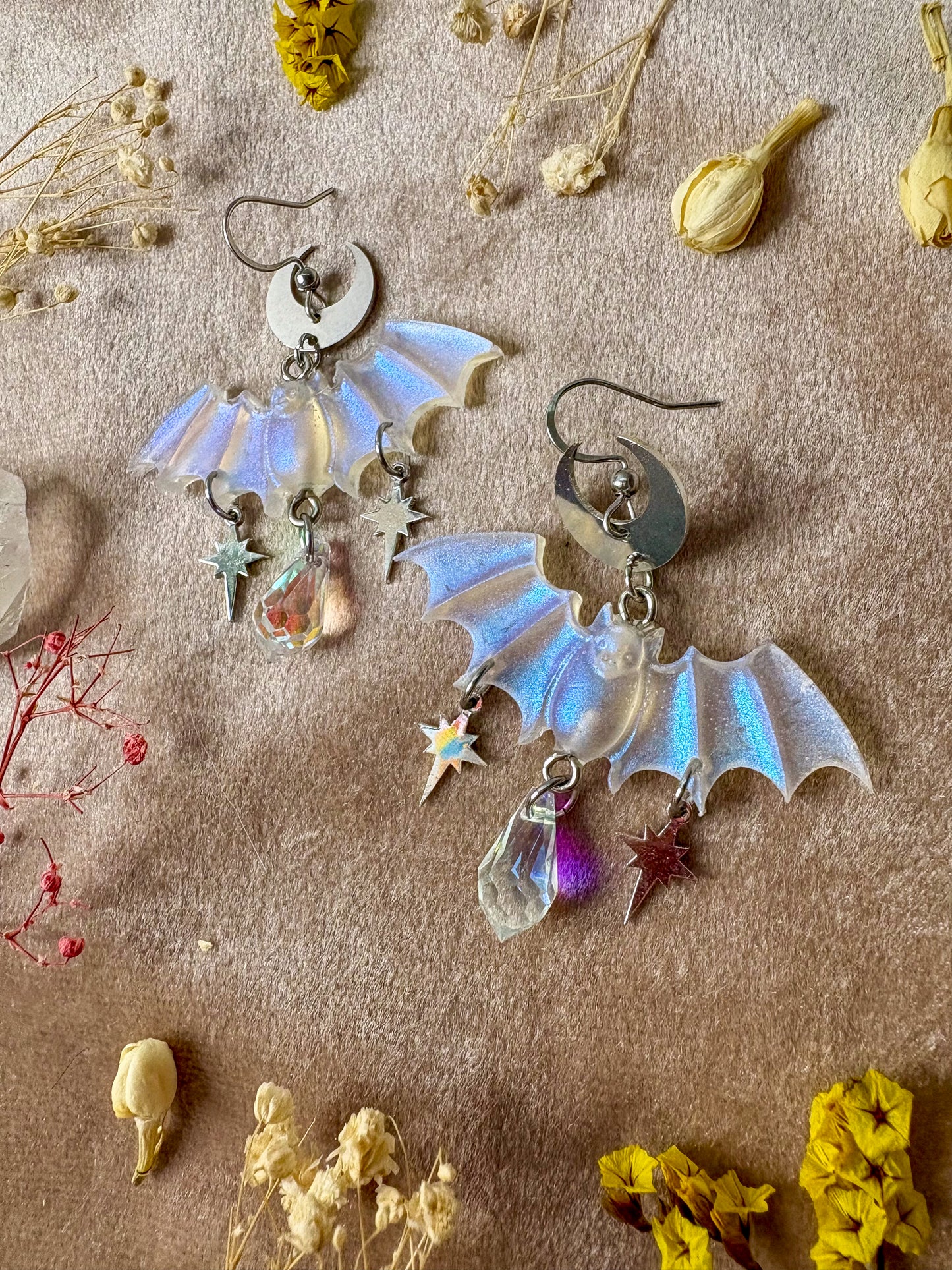 Silver Iridescent Bat Earrings