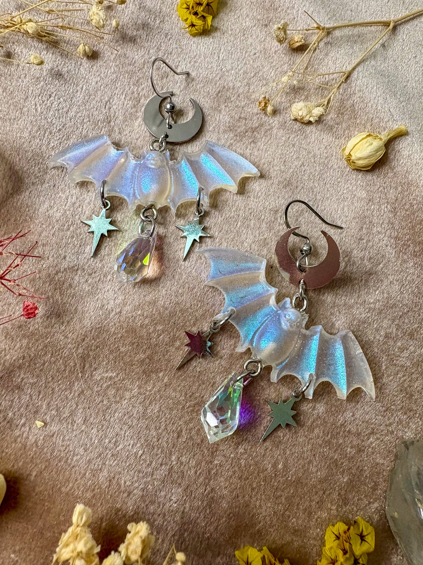 Silver Iridescent Bat Earrings