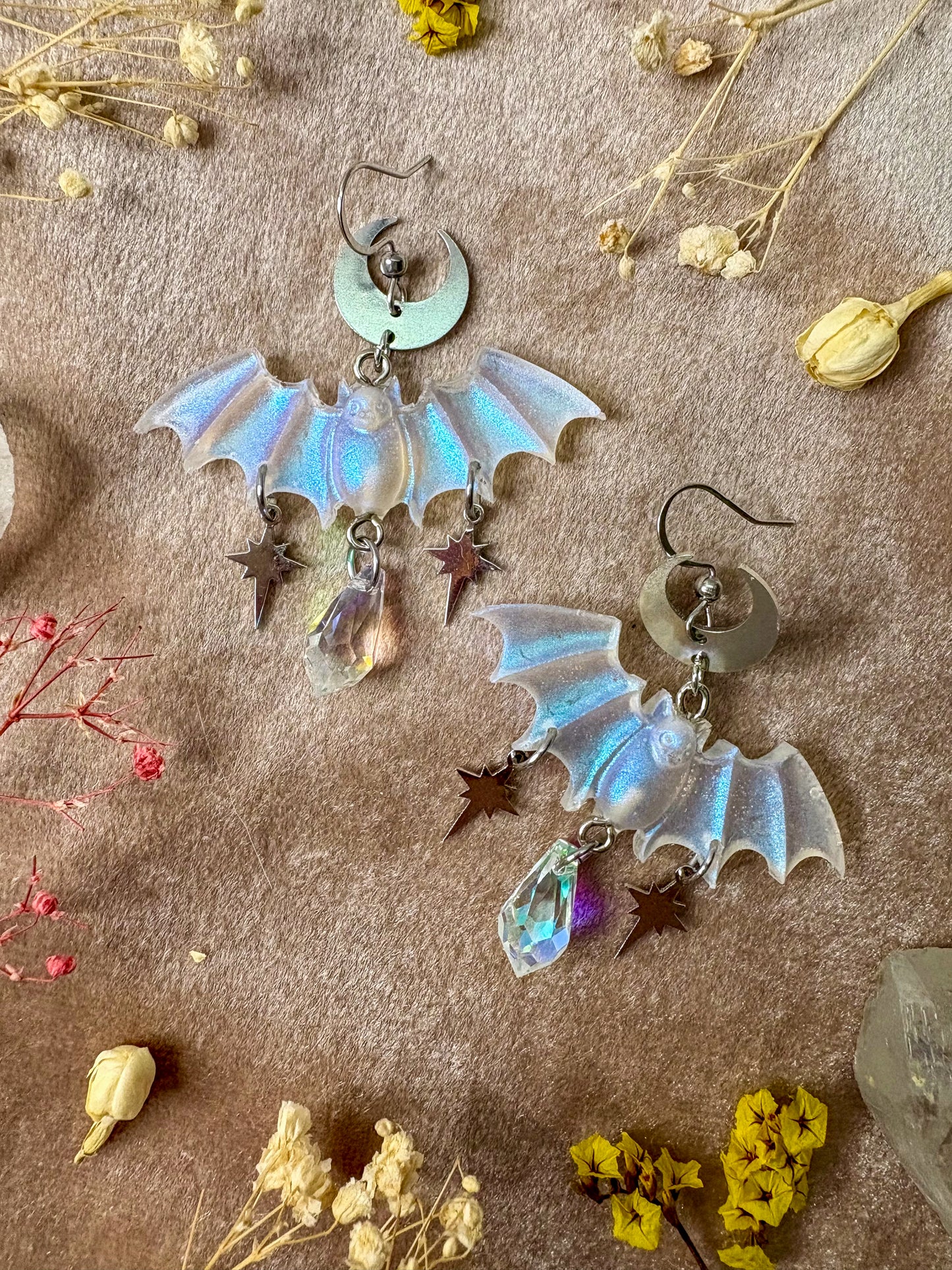 Silver Iridescent Bat Earrings