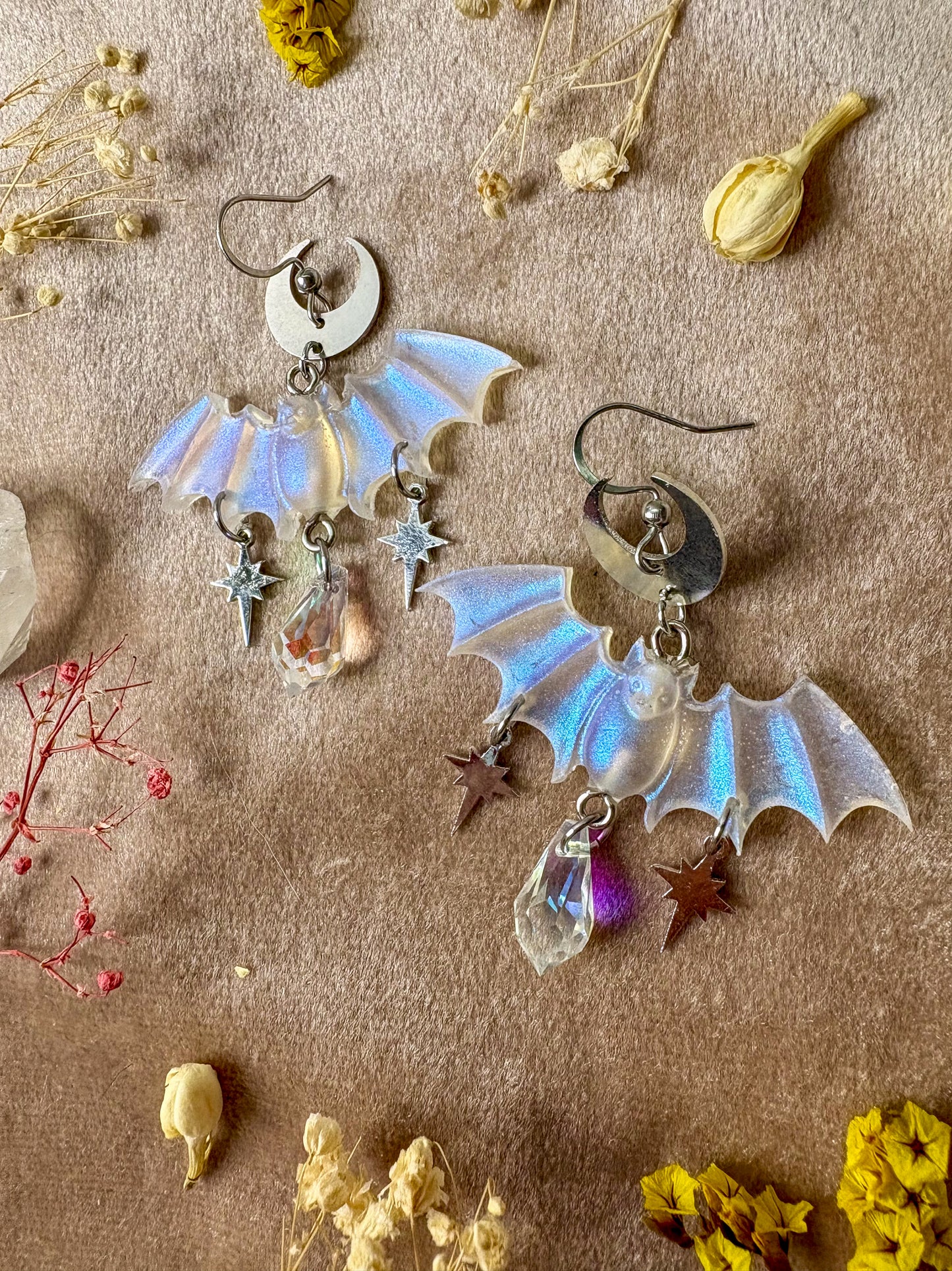 Silver Iridescent Bat Earrings