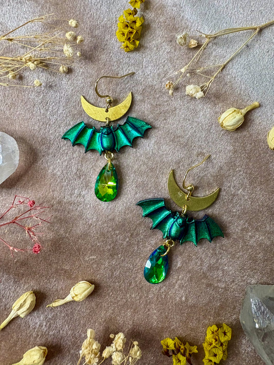Green Jewel Bat Earrings