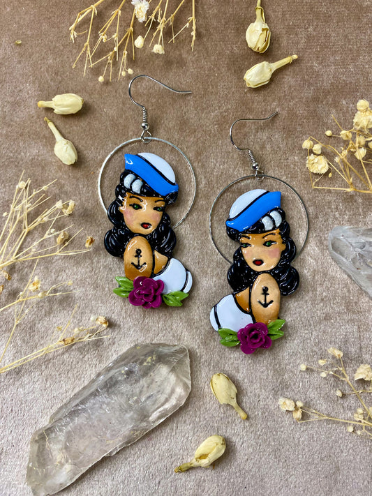 sailor maiden lady polymer clay and resin tattoo inspired dangle earrings