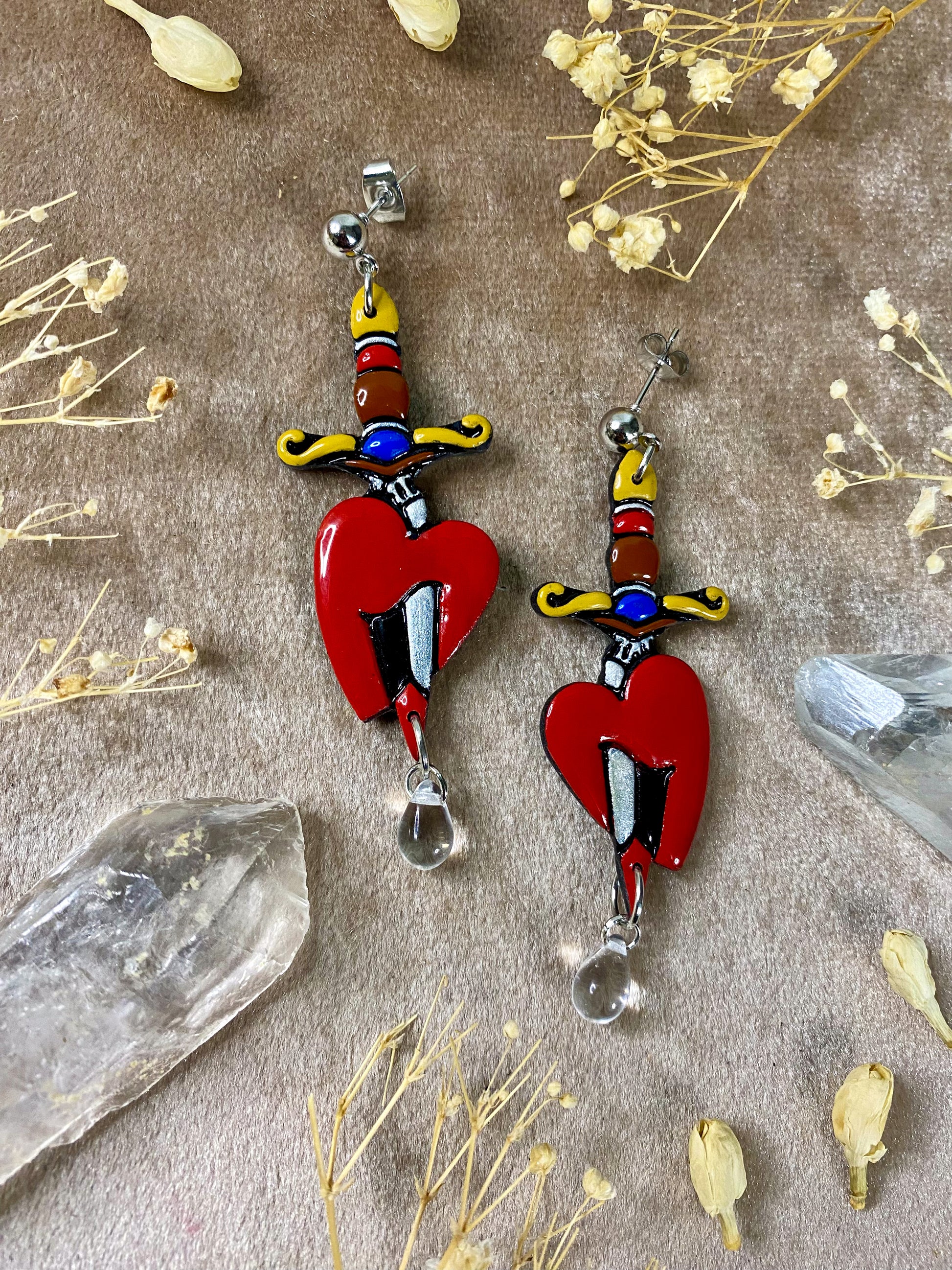 bleeding heart dagger polymer clay and resin tattoo inspired dangle earrings