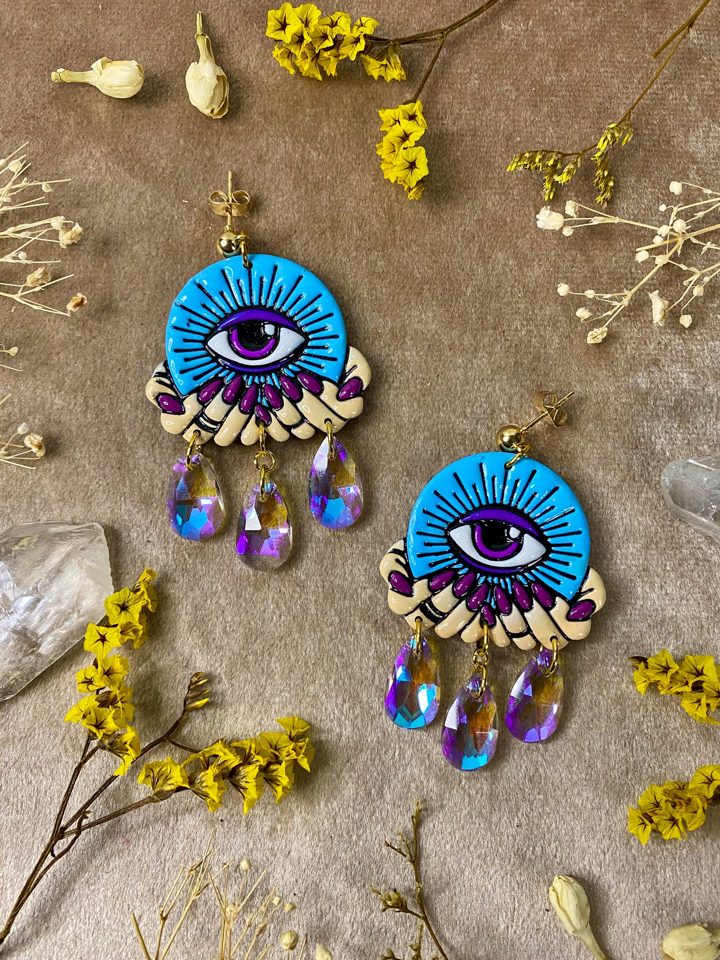 light blue crystal eye ball polymer clay and resin tattoo inspired dangle earrings