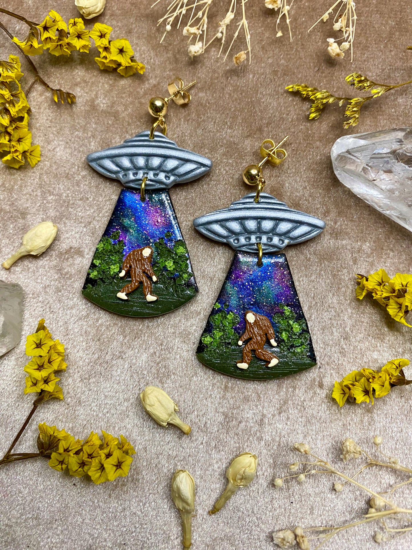 polymer clay bigfoot alien abduction dangle earrings