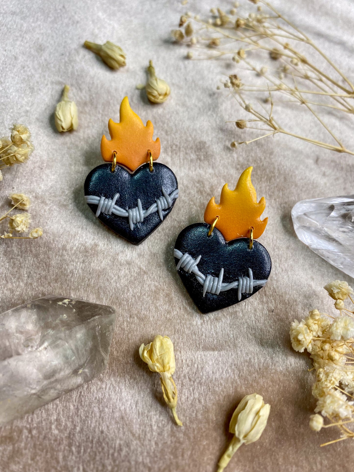 Barb Wire Flaming Heart Stud Earrings