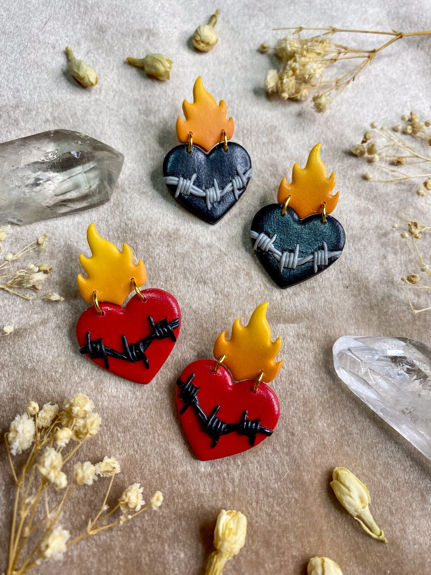 Barb Wire Flaming Heart Stud Earrings
