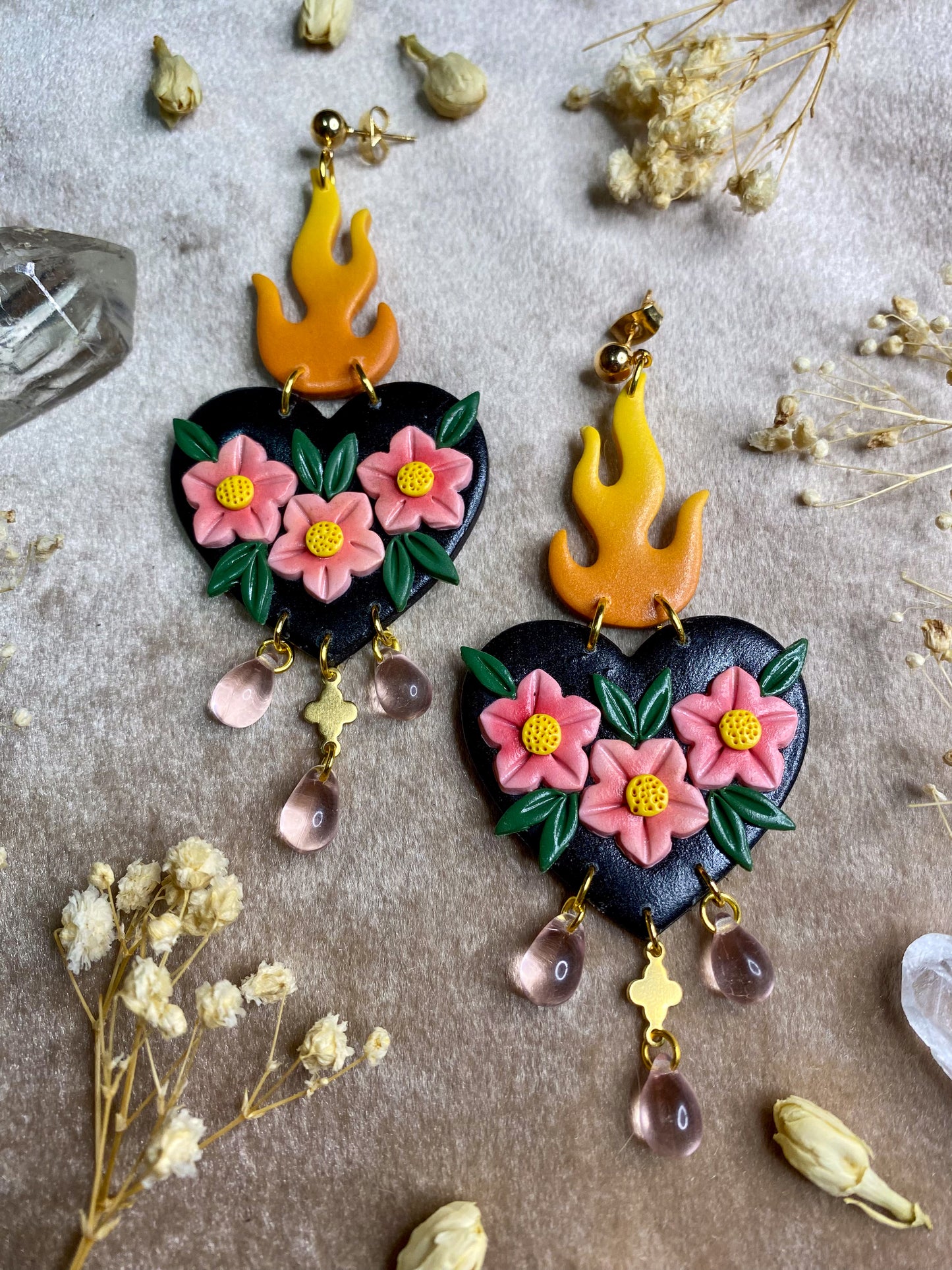 Flaming Floral Heart Dangle Earrings