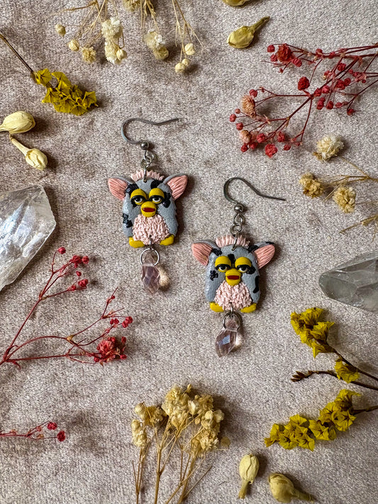 Gray Spotted Furby Earrings