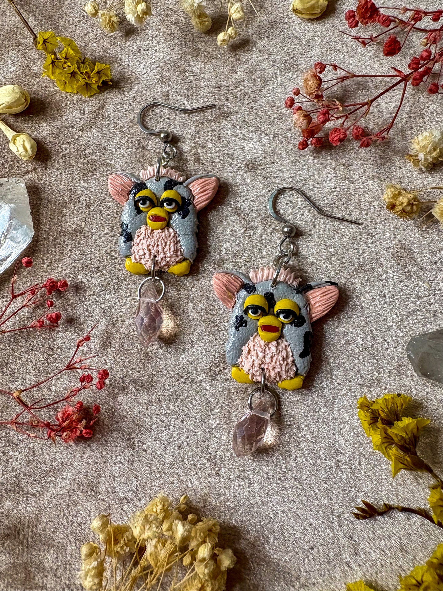 Gray Spotted Furby Earrings