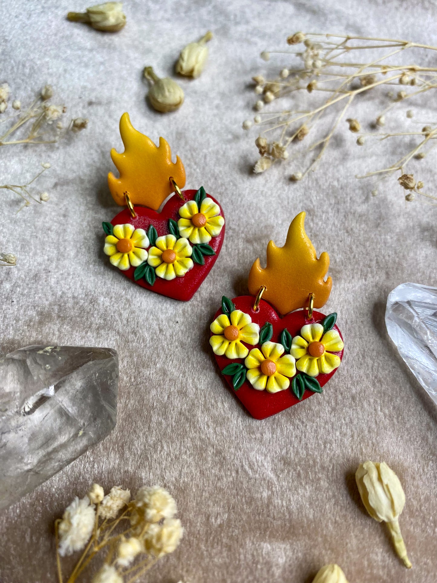 Flaming Floral Heart Stud Earrings