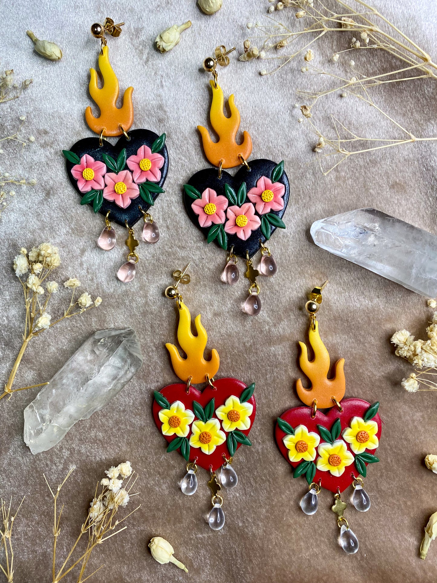 Flaming Floral Heart Dangle Earrings