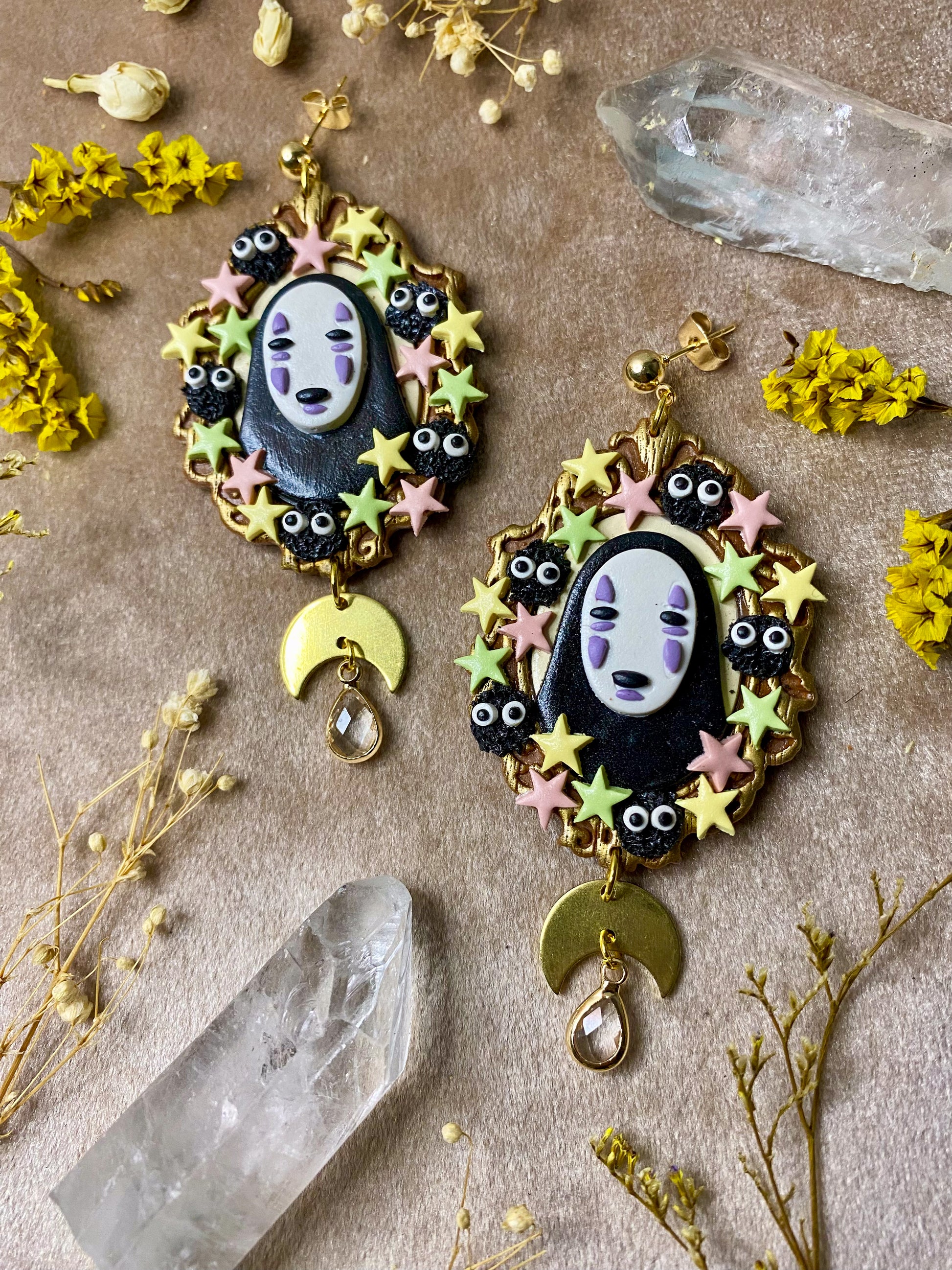 polymer clay masked monster cameo frame dangle earrings