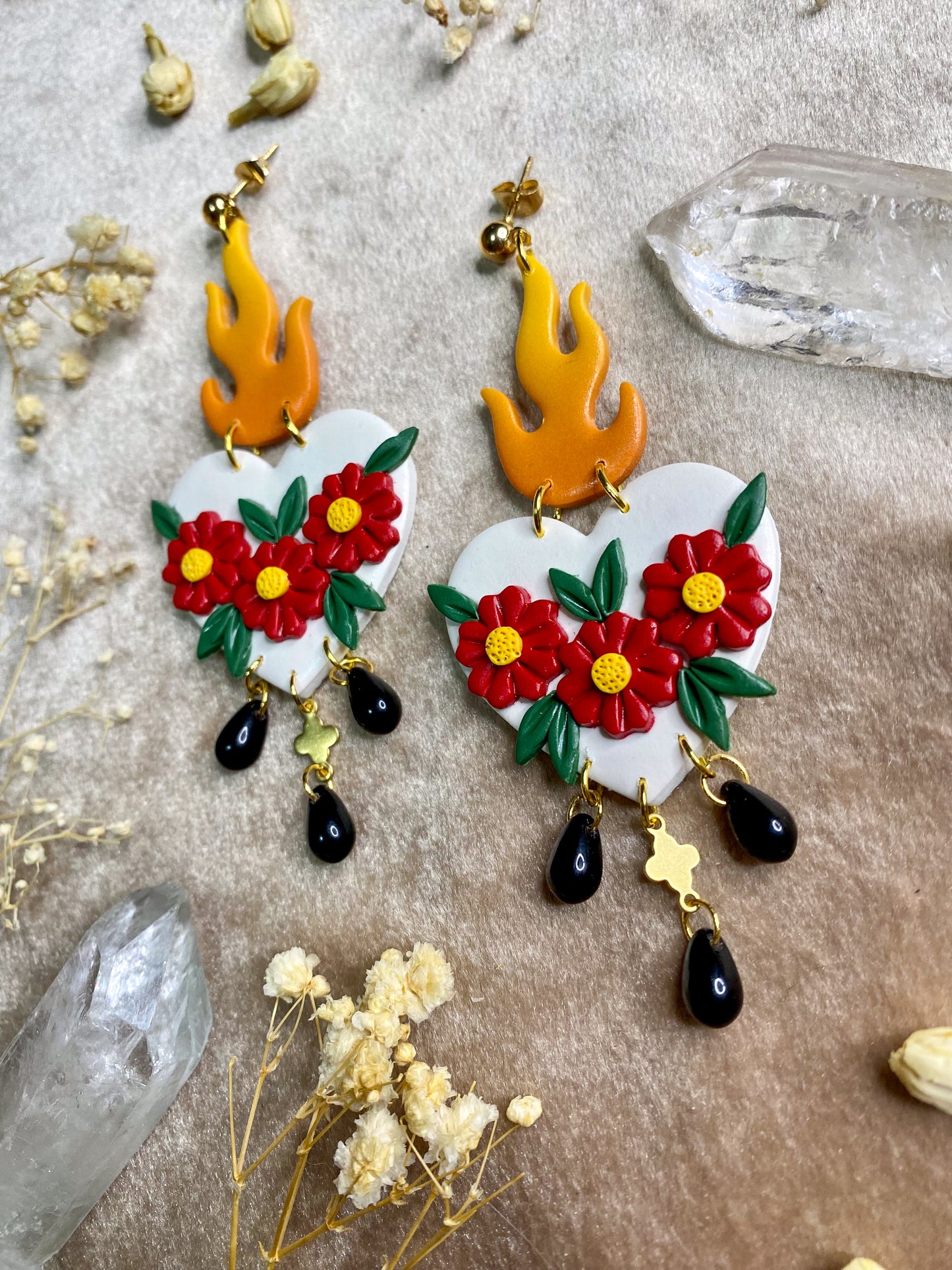 Flaming Red Floral Heart Dangle Earrings