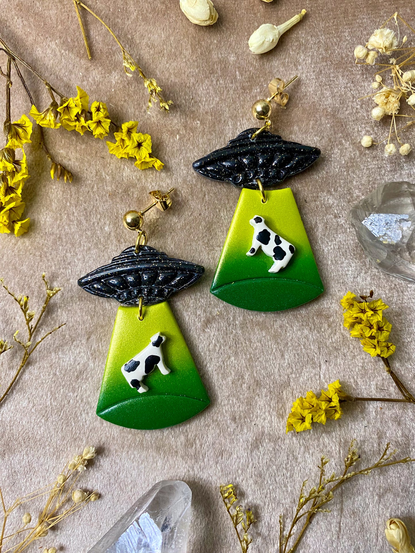 polymer clay alien abduction with cow dangle earrings