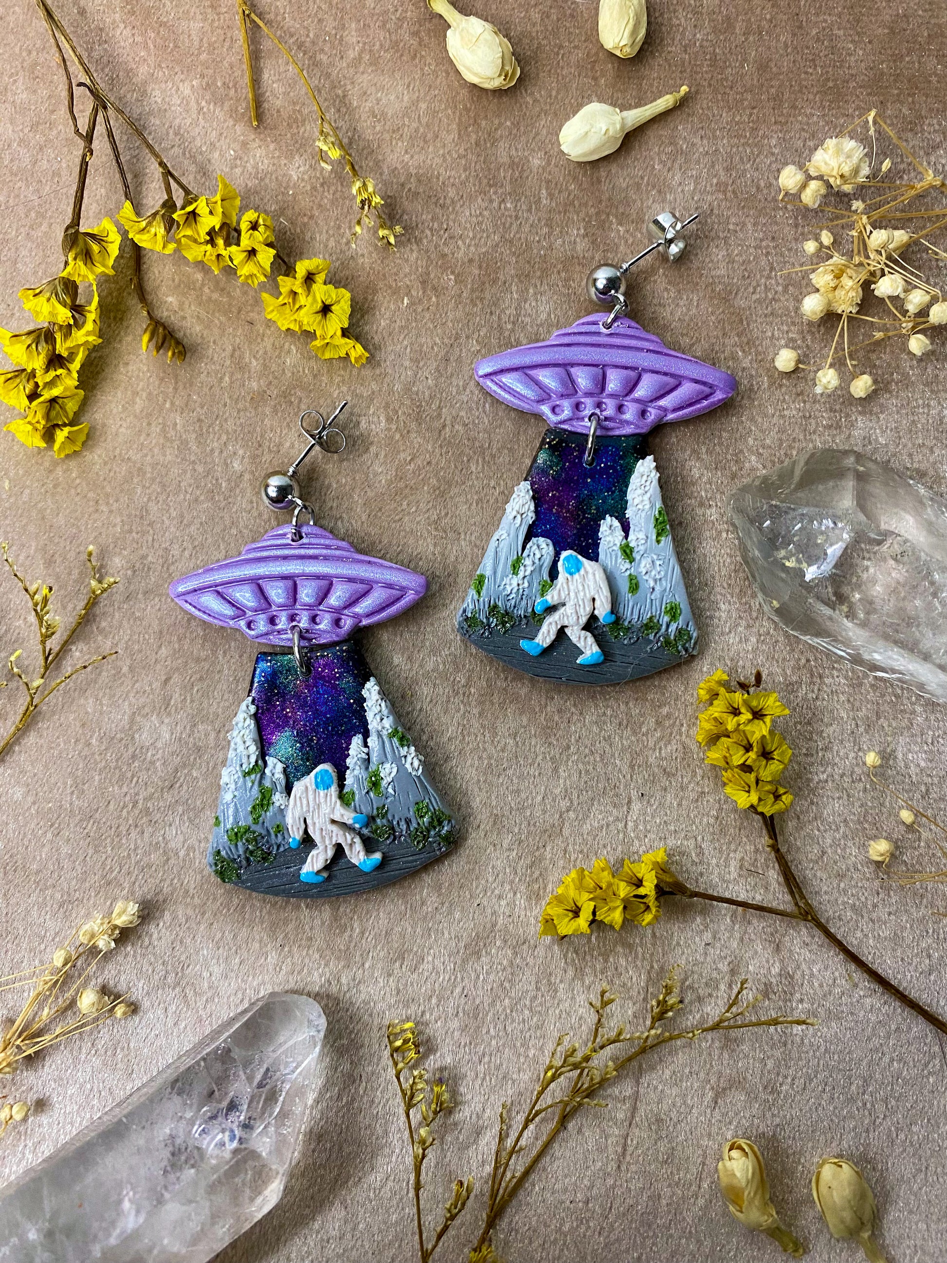 polymer clay yeti alien abduction dangle earrings