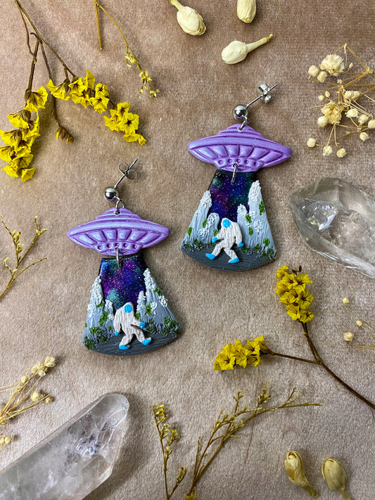 polymer clay yeti alien abduction dangle earrings