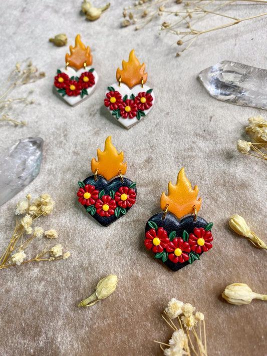 Flaming Red Floral Heart Stud Earrings