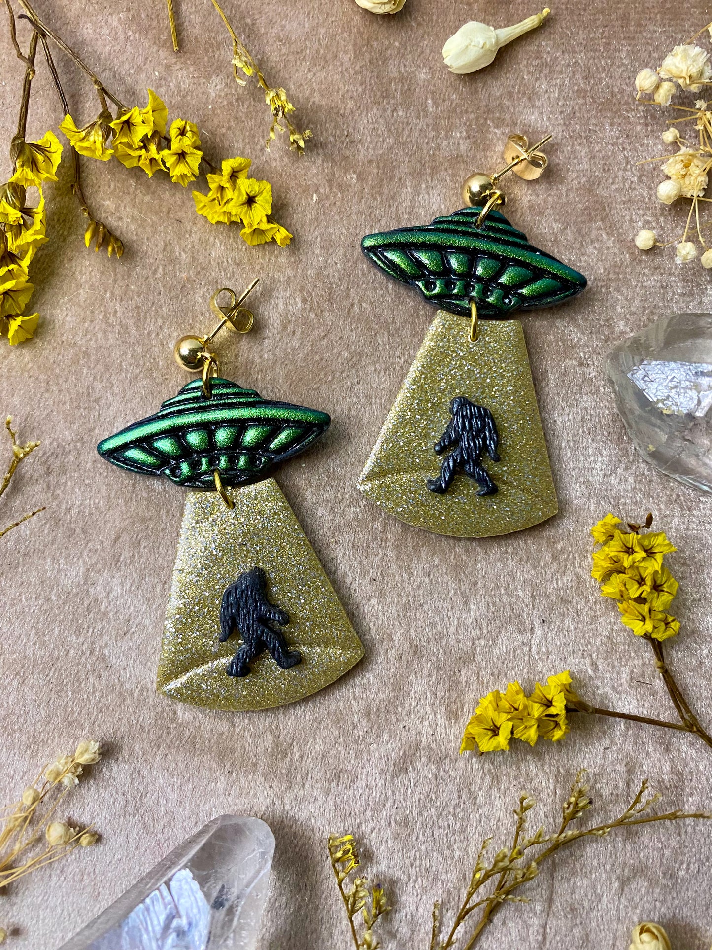 polymer clay bigfoot alien abduction gold glitter dangle earrings