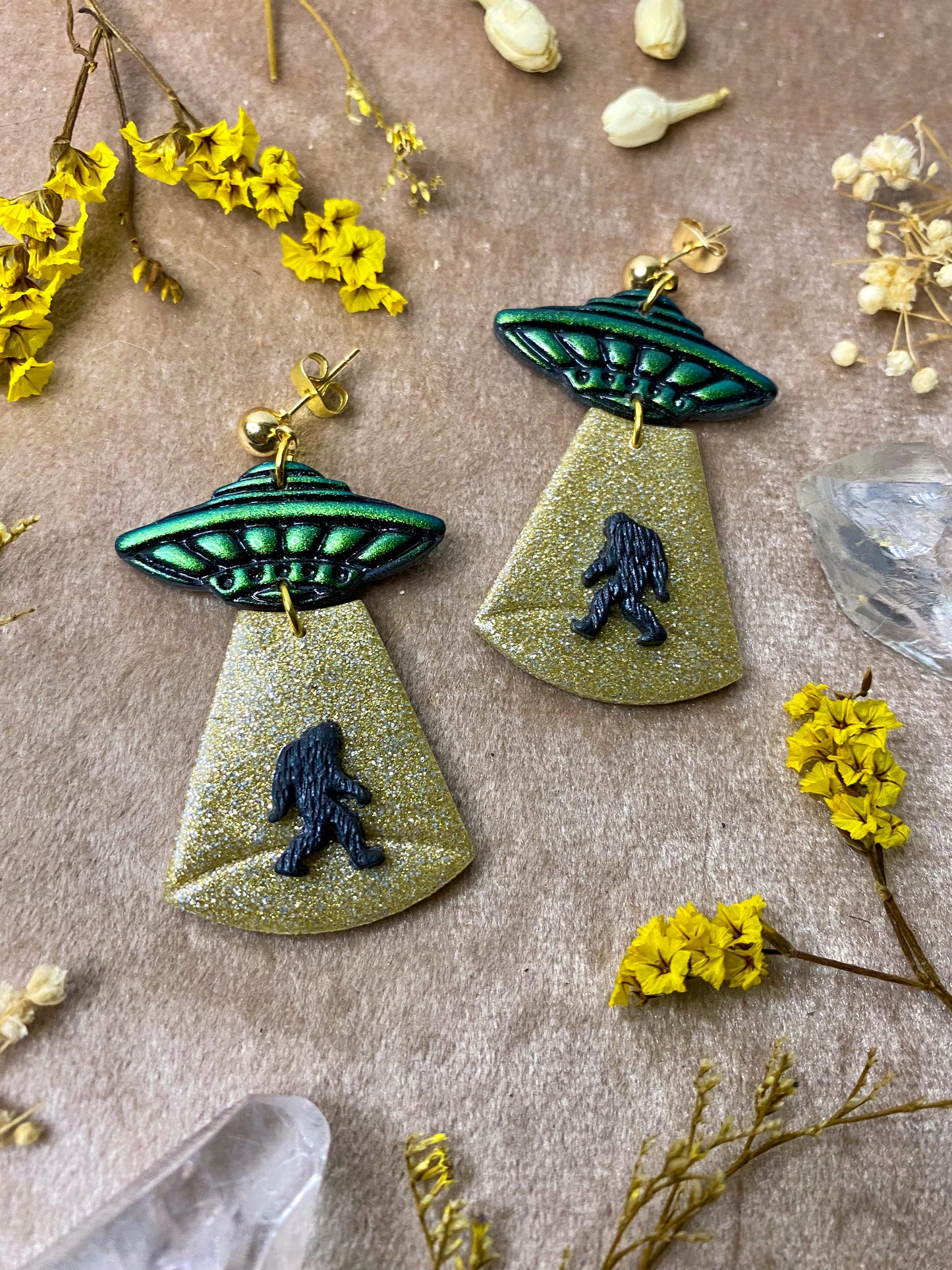 Gold Glitter Bigfoot Sighting Earrings