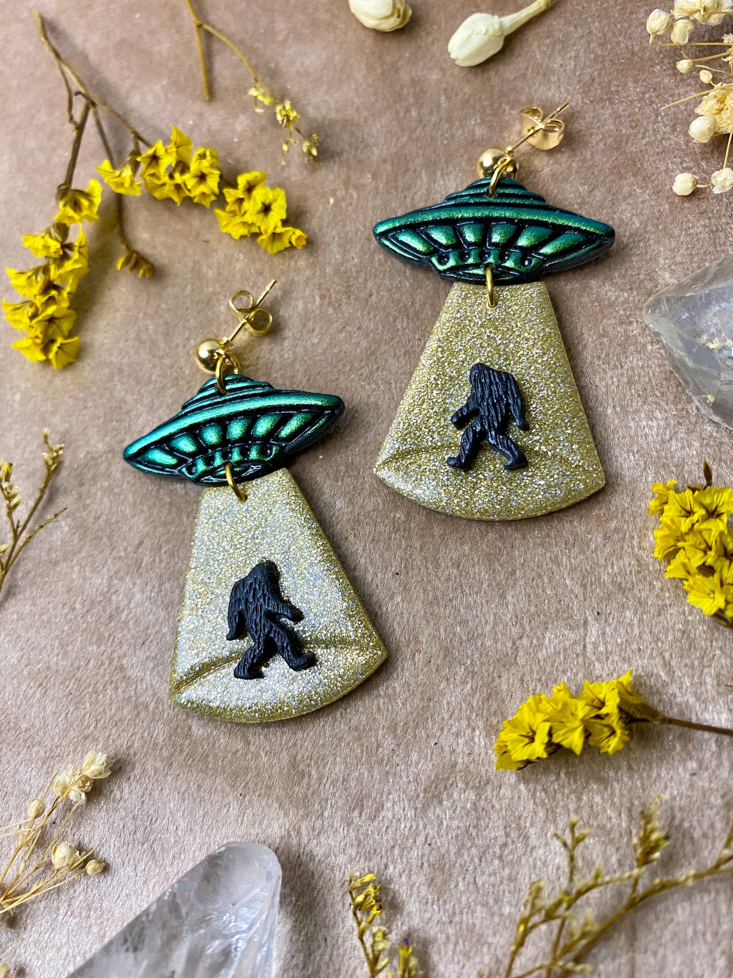 Gold Glitter Bigfoot Sighting Earrings