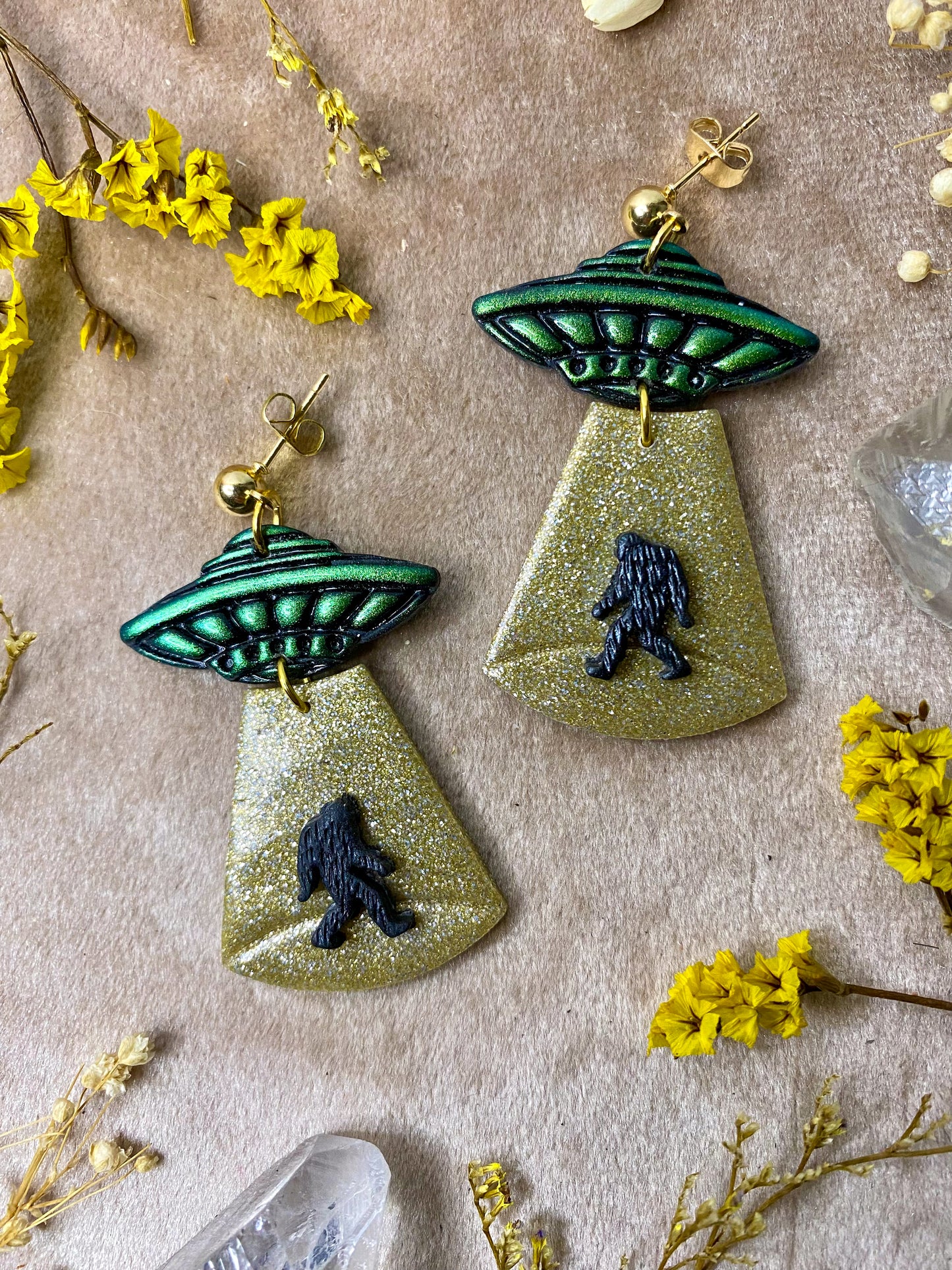 Gold Glitter Bigfoot Sighting Earrings