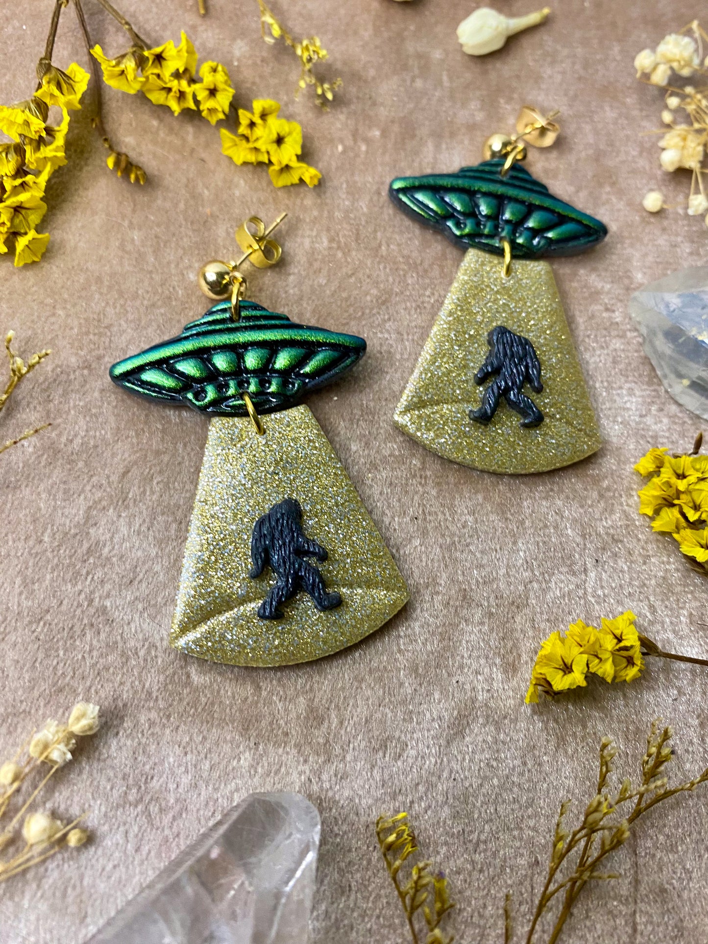 Gold Glitter Bigfoot Sighting Earrings