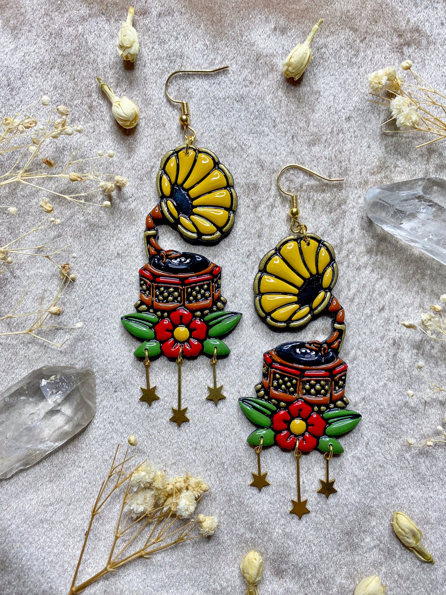 polymer clay and resin gramophone retro dangle earrings