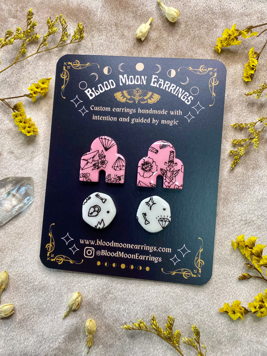 polymer clay and resin tattoo print stud pack earrings