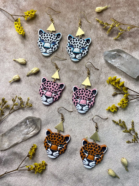 polymer clay and resin jaguar dangle earrings