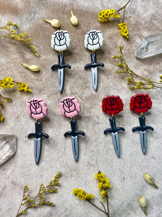 polymer clay and resin traditional rose and dagger tattoo earrings