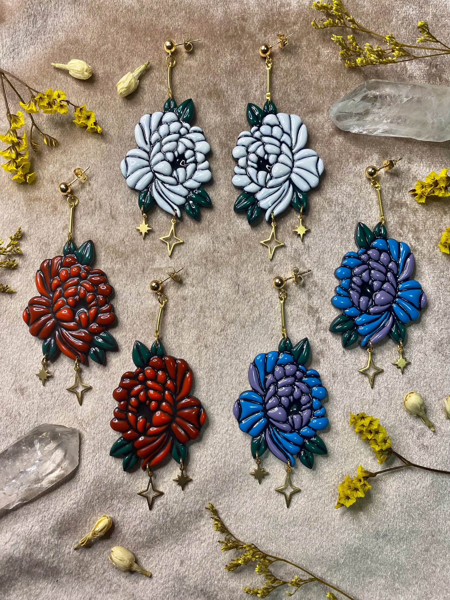 polymer clay and resin peony bloom tattoo dangle earrings