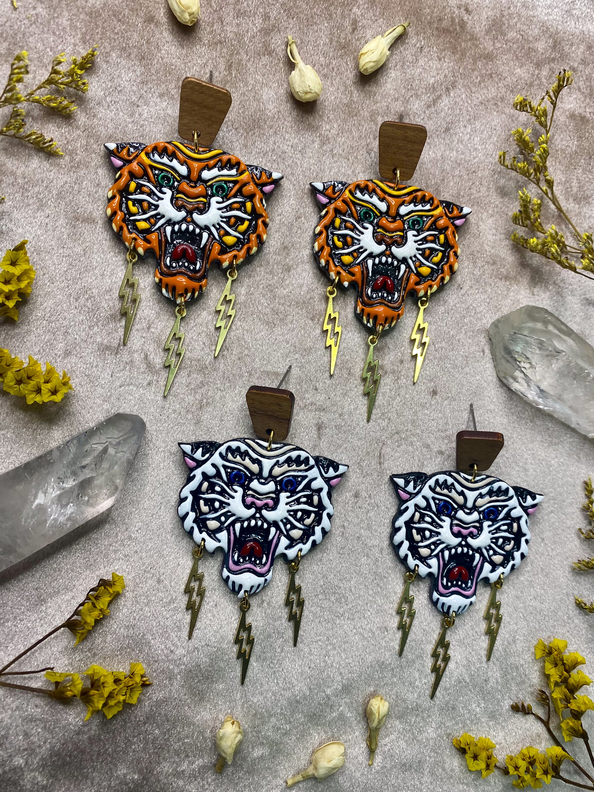 polymer clay and resin tattoo tiger statement earrings