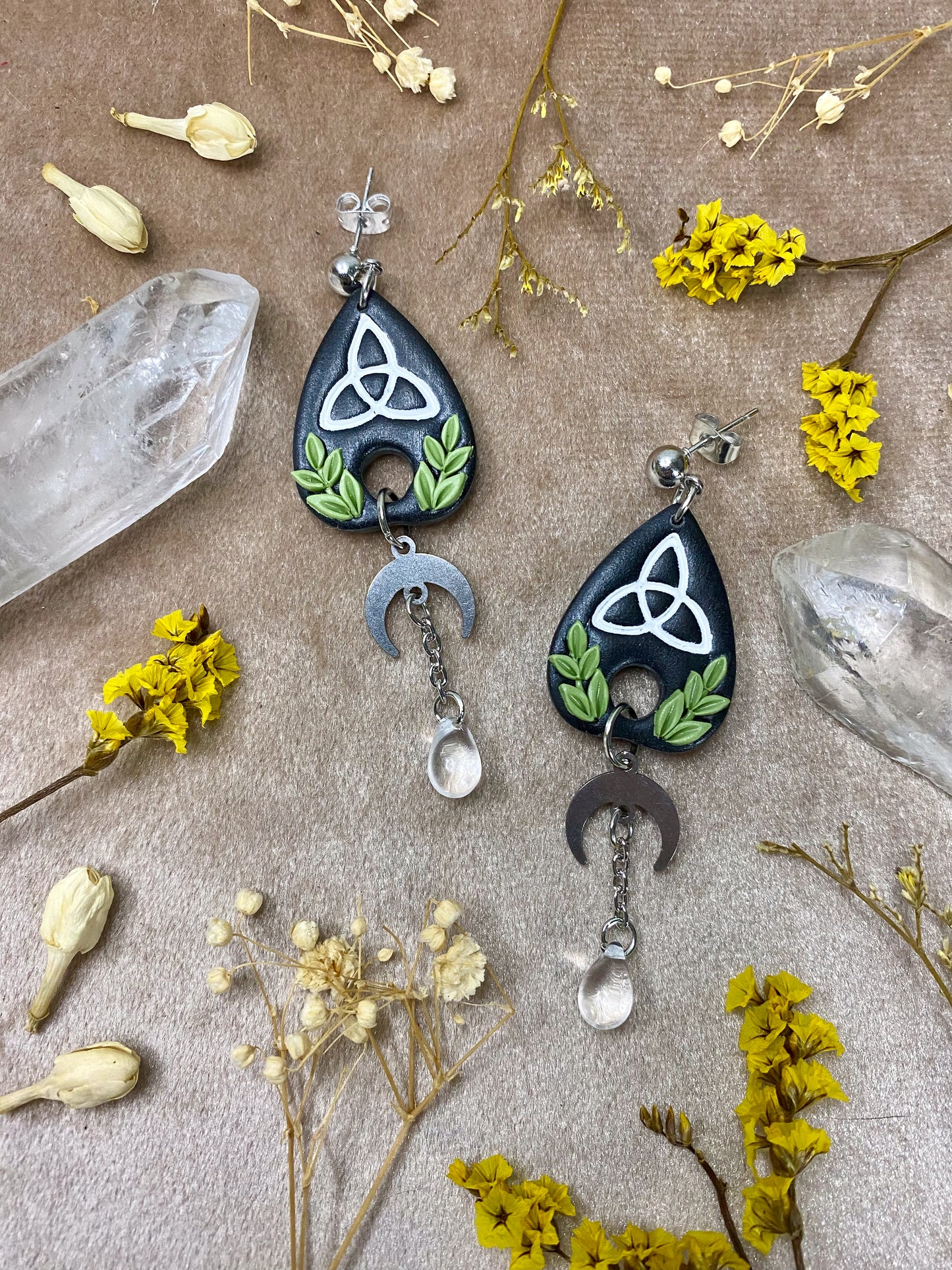 polymer clay celtic knot planchette ouija dangle earrings