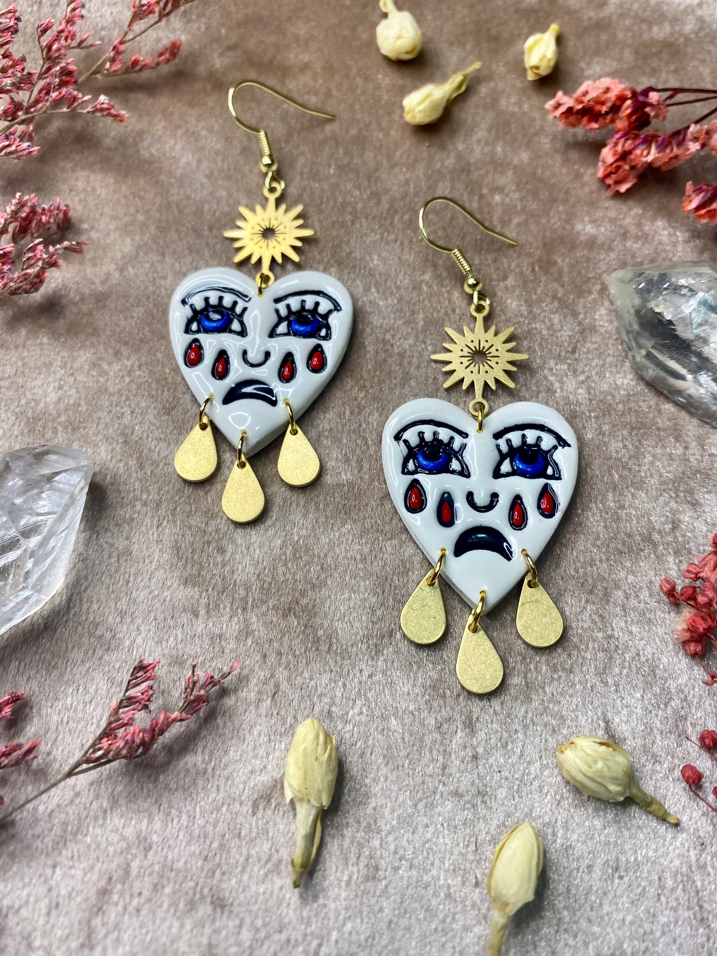polymer clay and resin heart earrings