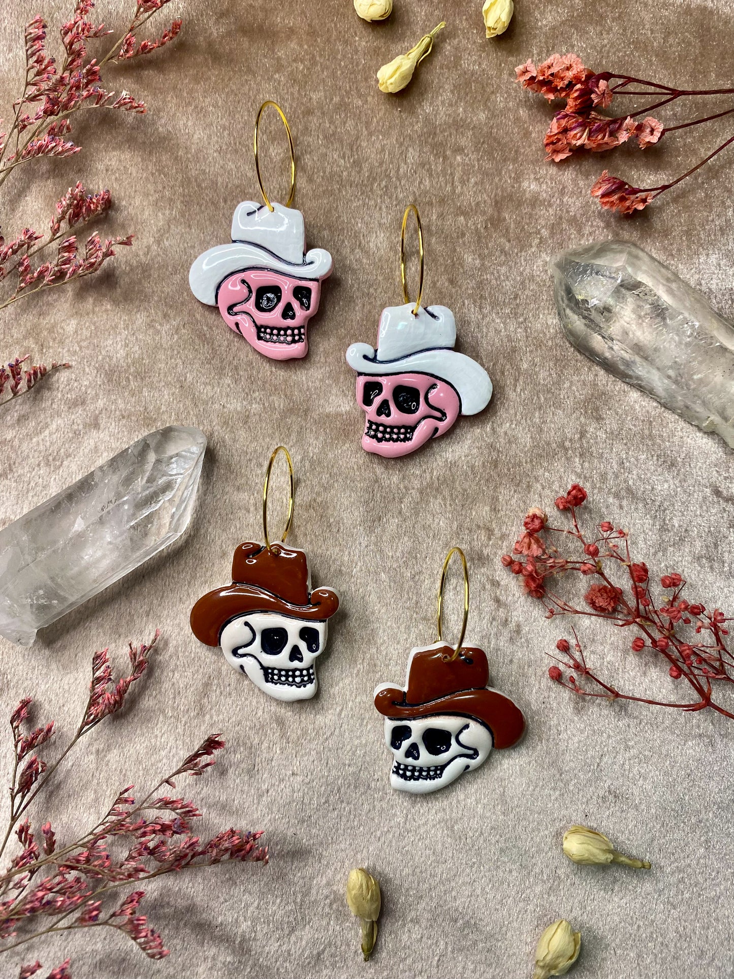 polymer clay and resin skull cowboy hoop earrings
