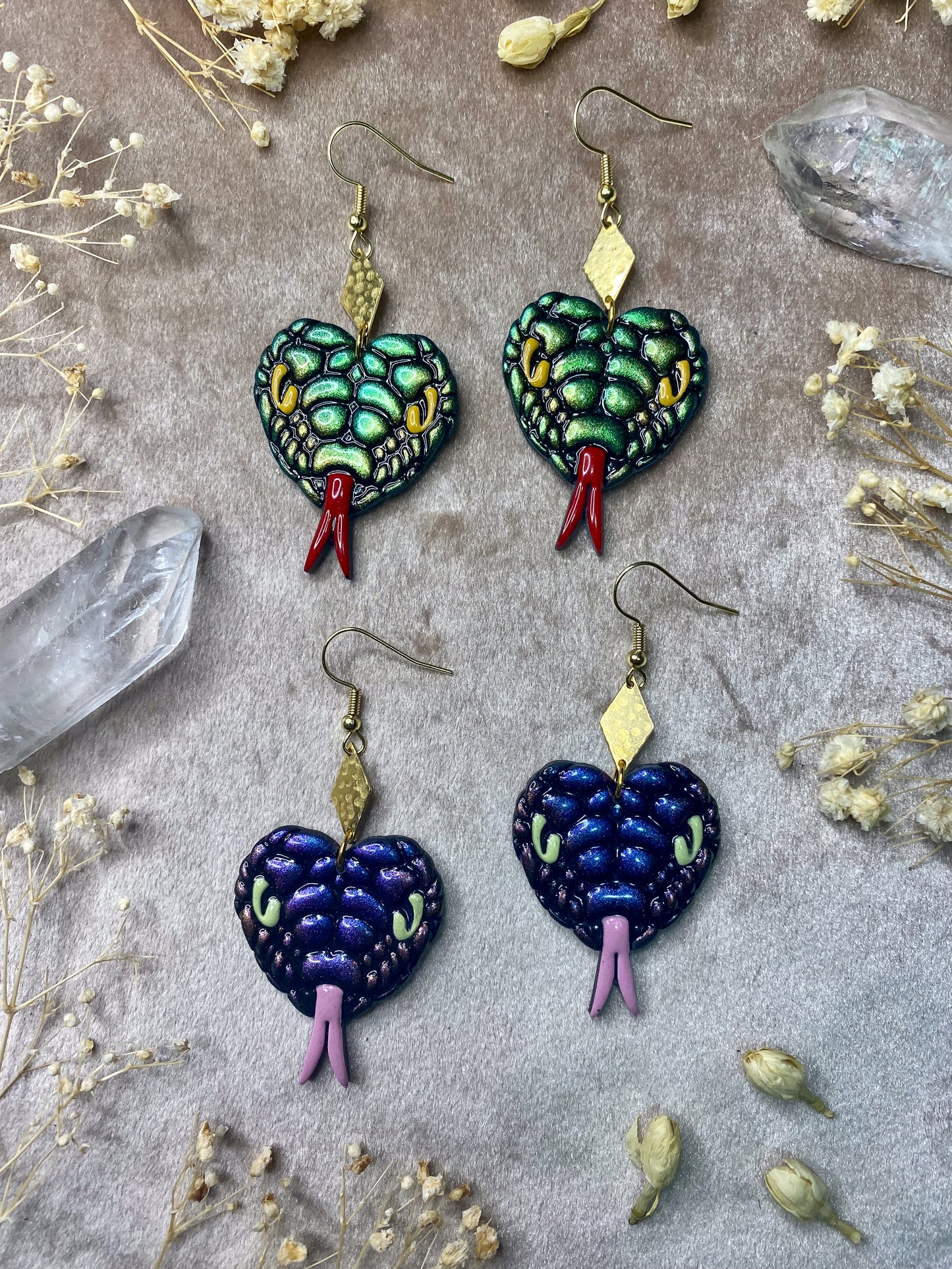 polymer clay and resin snake head dangle earrings