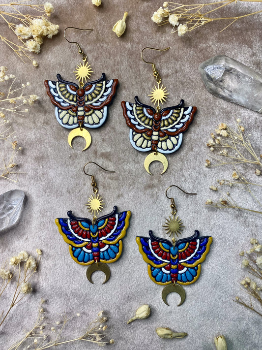 polymer clay and resin moth tattoo dangle earrings