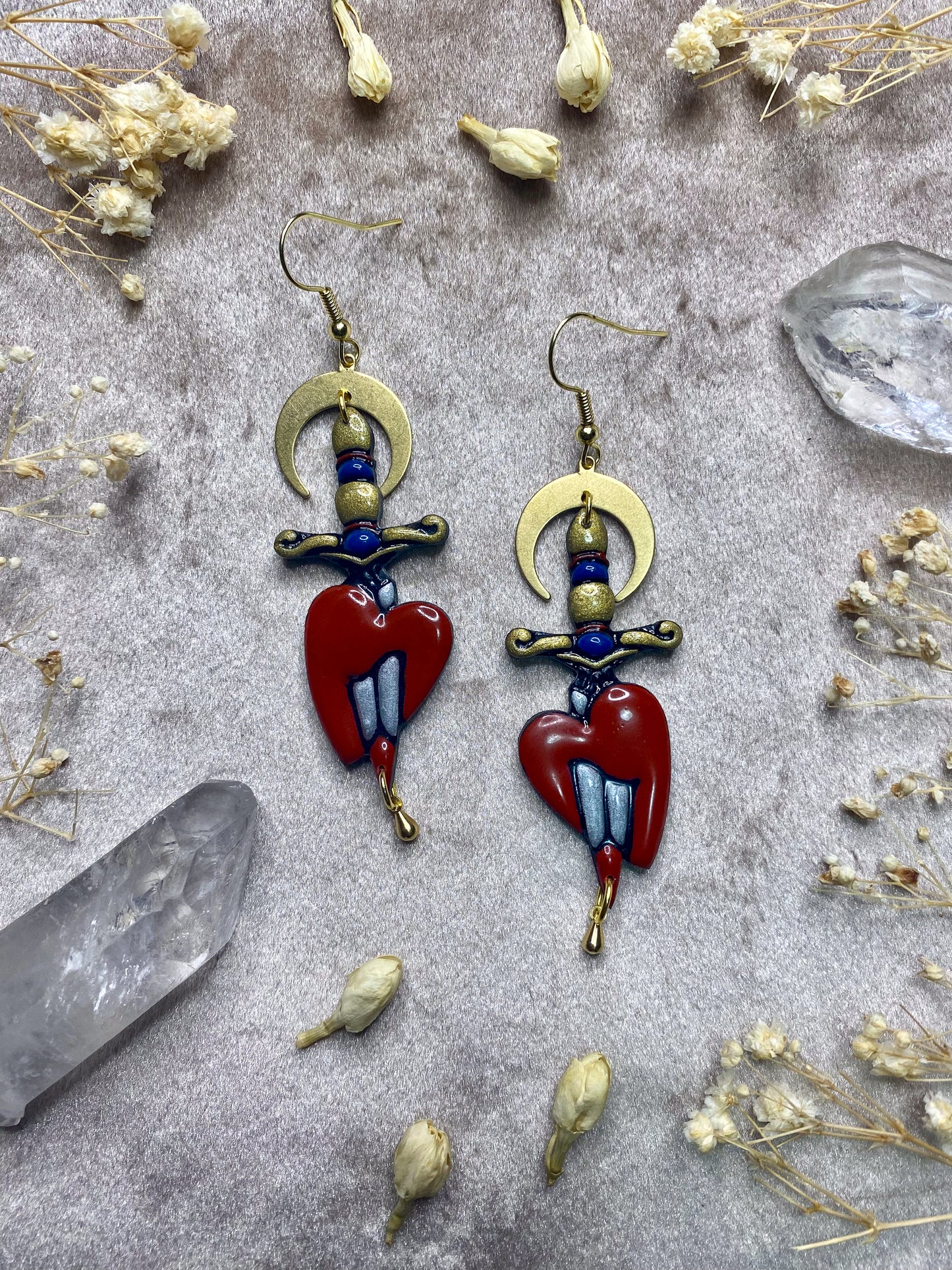 polymer clay and resin sword and heart dangle earrings