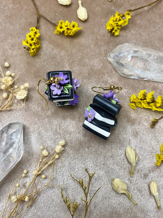 polymer clay black and purple floral book stack dangle earrings