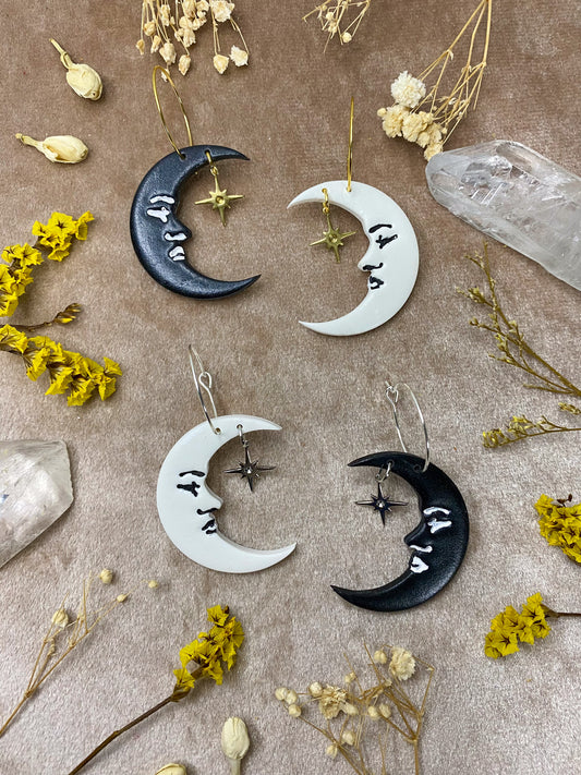 polymer clay black and white moon dangle hoop earrings