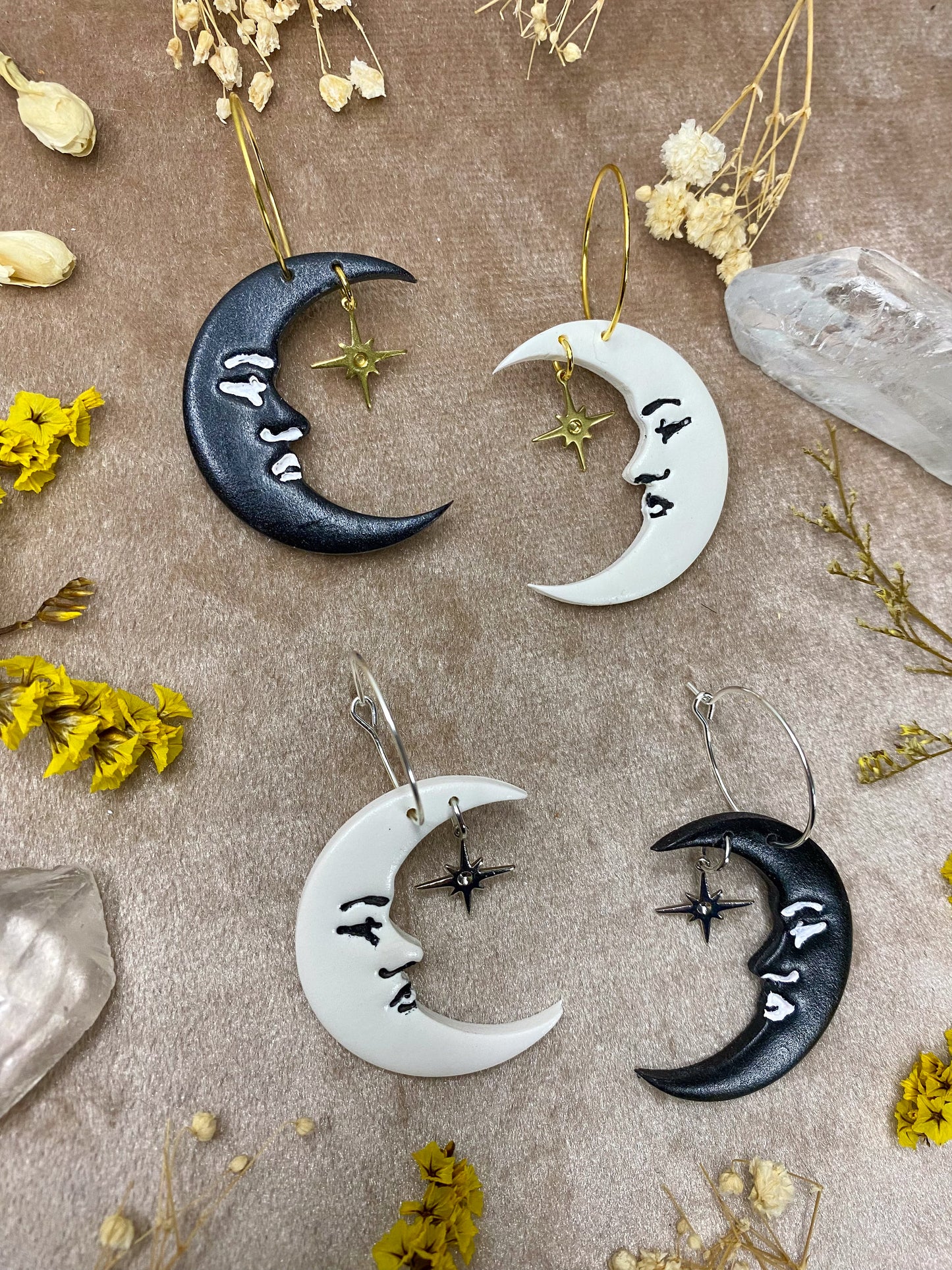 Black and White Moon Hoop Earrings