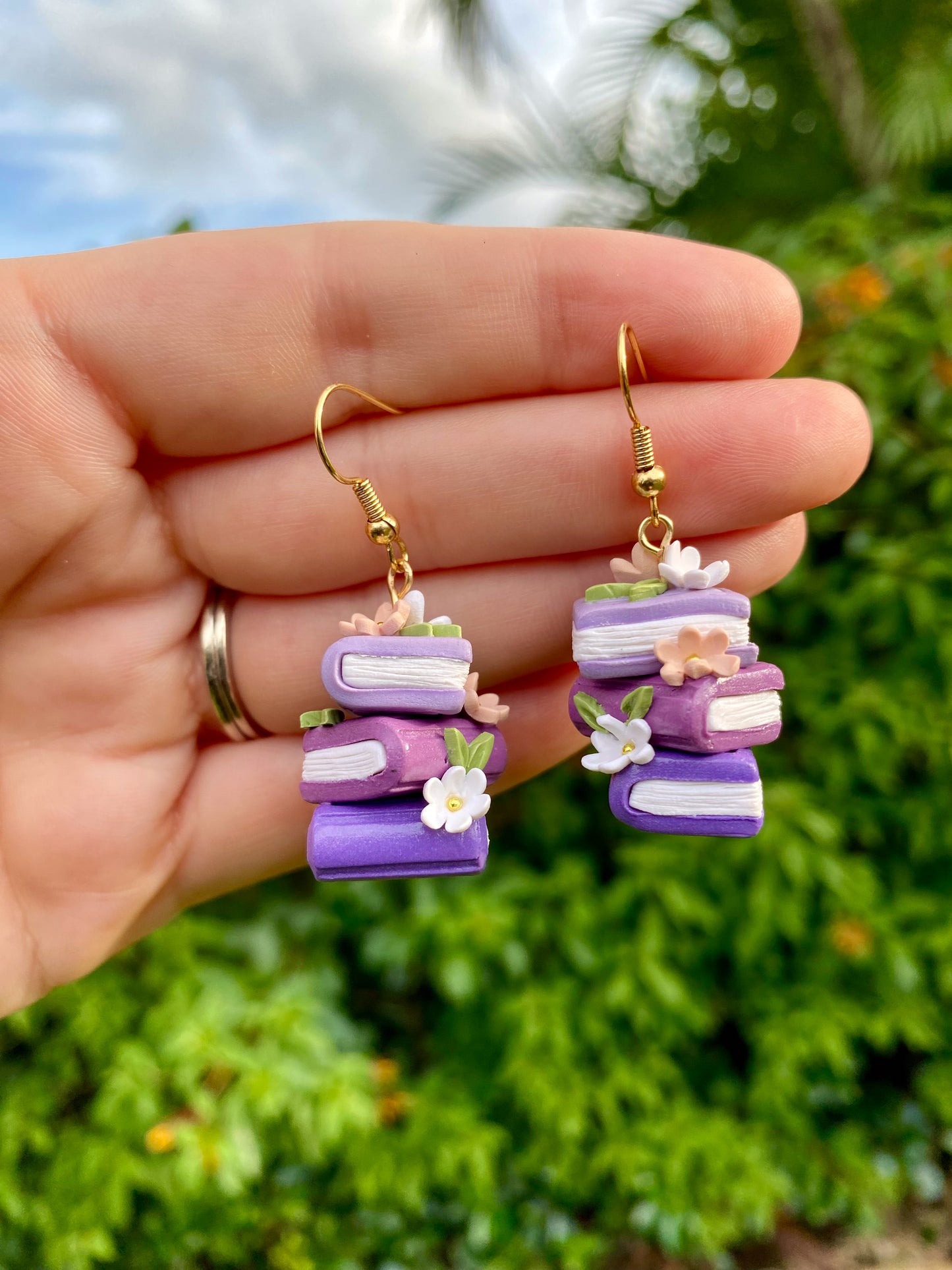 Floral Book Stack Earrings (Purple)