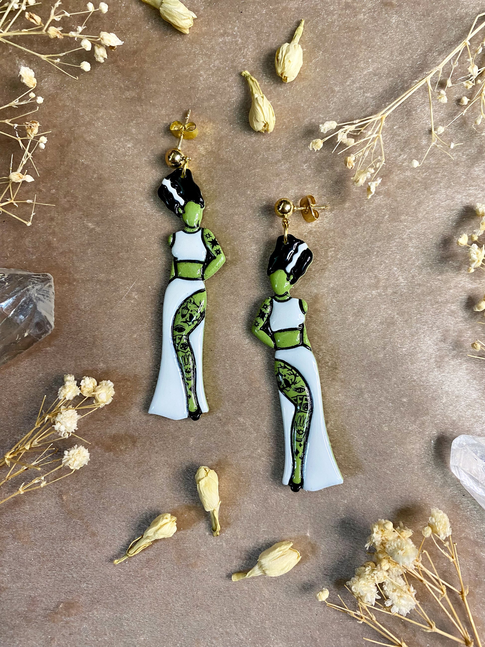 polymer clay and resin tattooed woman halloween earrings