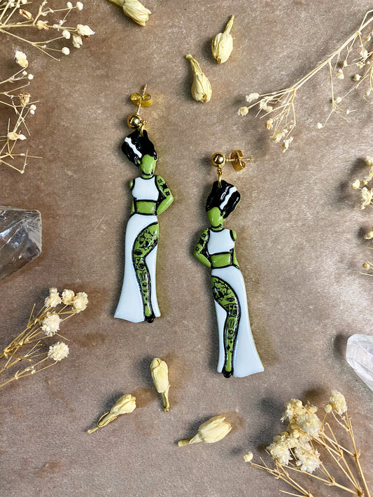 polymer clay and resin tattooed woman halloween earrings