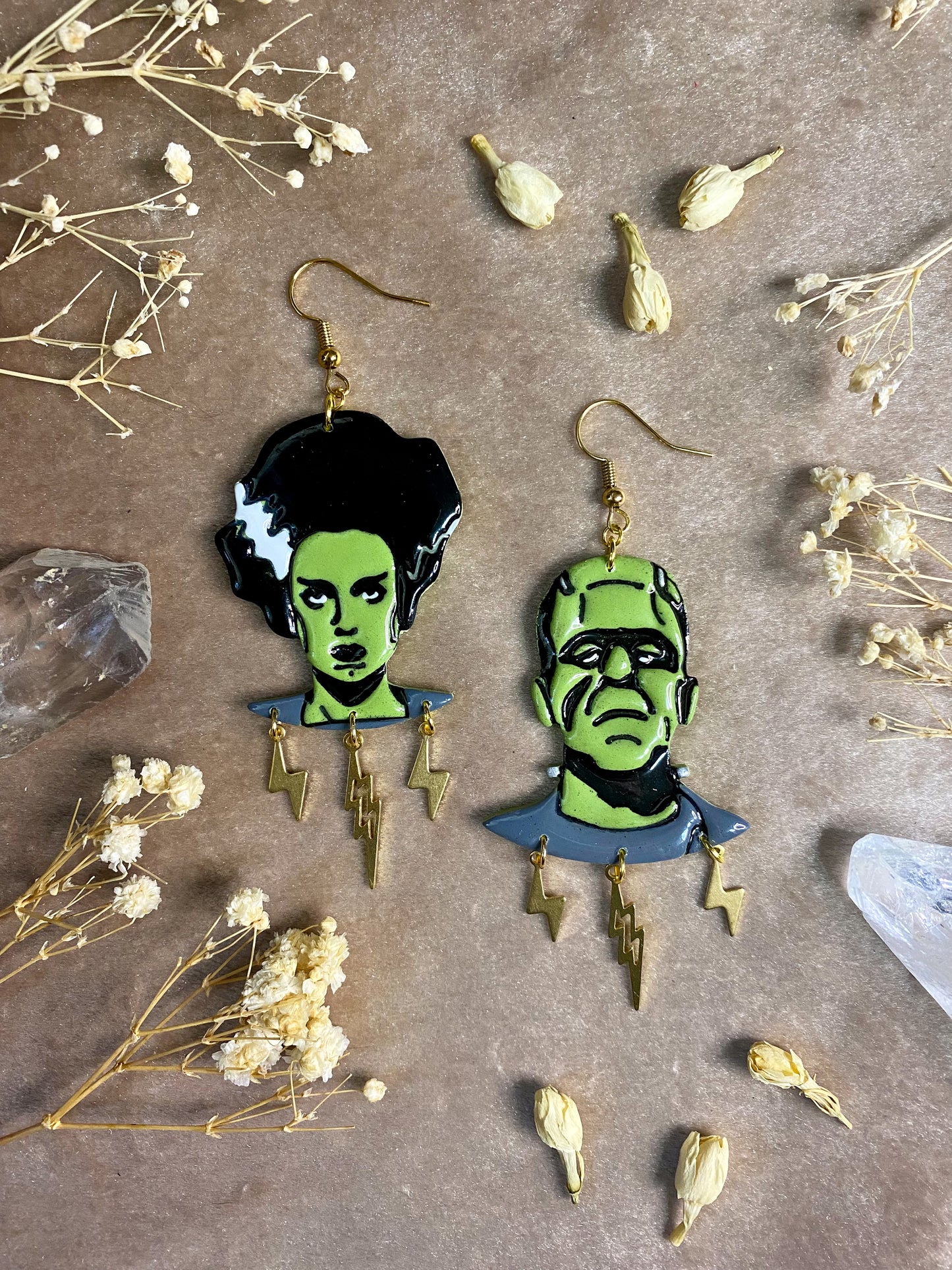 polymer clay and resin frankenstein and bride dangle earrings